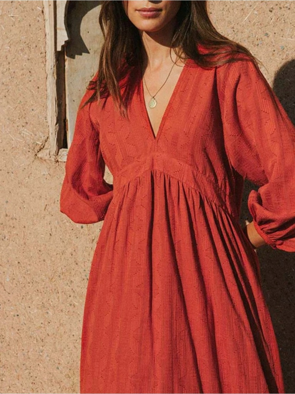ROVE Alma Midi Dress Cotton Warm Red Deep V Front Textured Womens Medium Boho